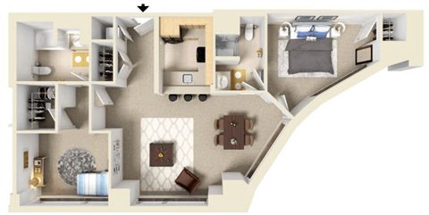 Floor plan for 2 beds, 2 baths, 1162 sqft